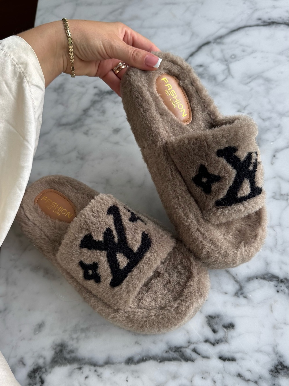 Plush Faux-Fur Slide Sandal in Taupe